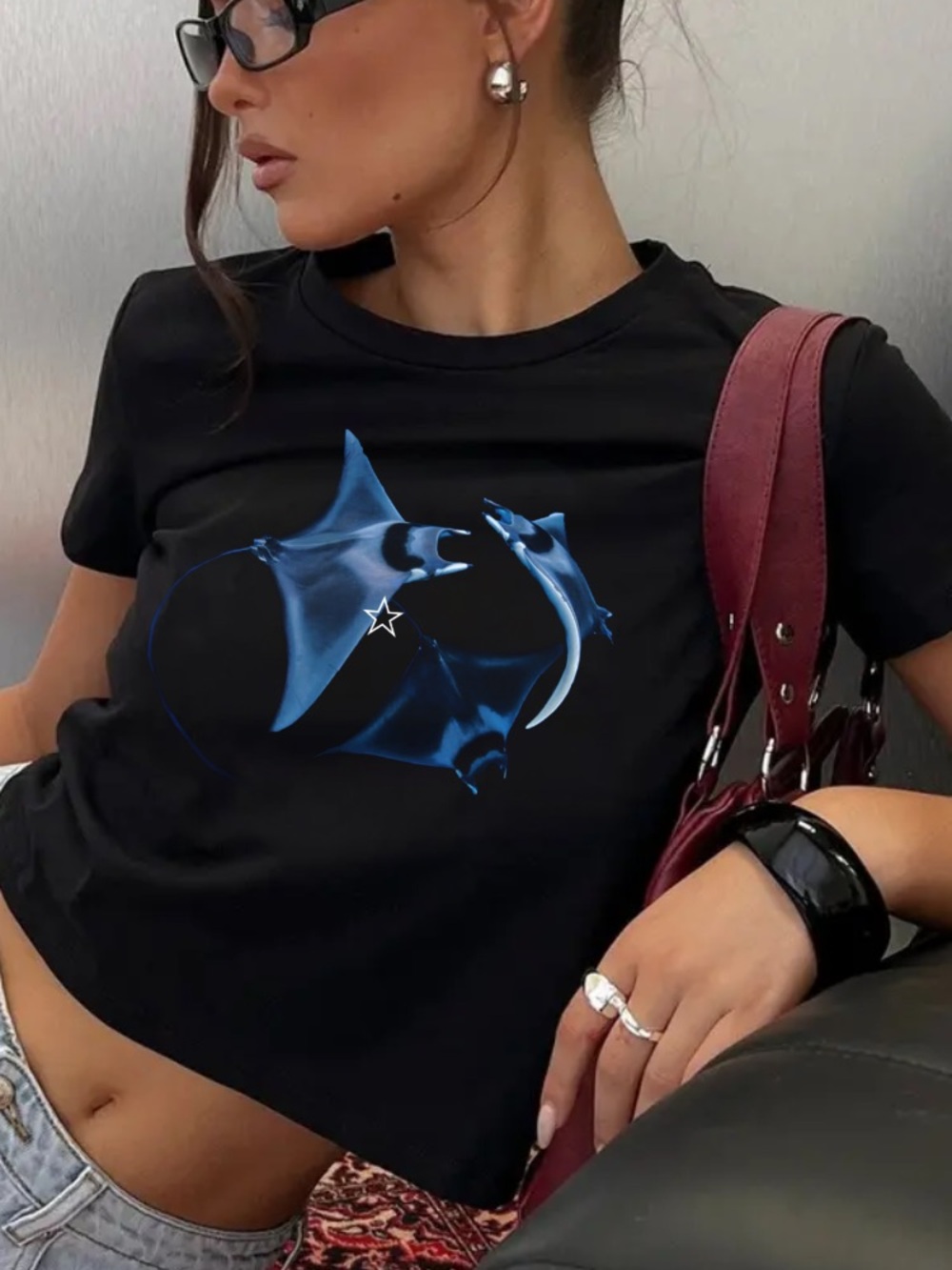 Stingray Glowing Blue Star Y2K Aesthetic Vintage Black Baby Tee